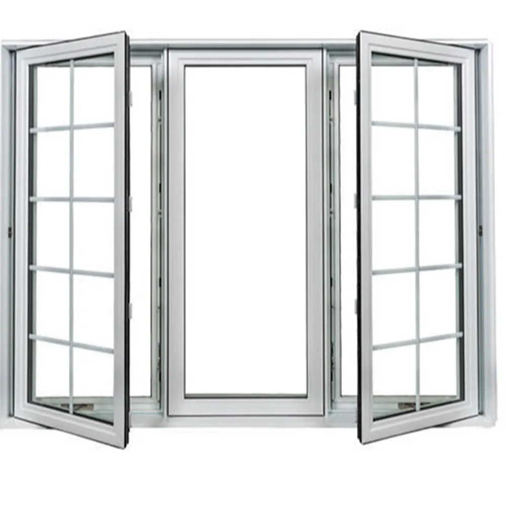 Ventana de aluminio con hoja abatible al estilo francés y diseño de rejilla con rotura de puente térmico</trp-post-contain...